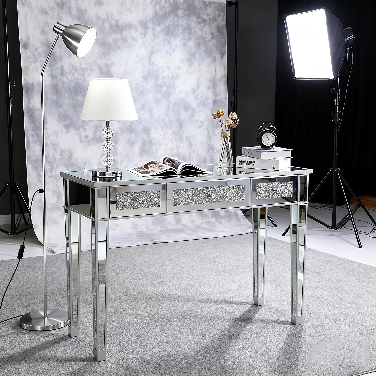 3 Drawer Mirrored Glass Bedside Table