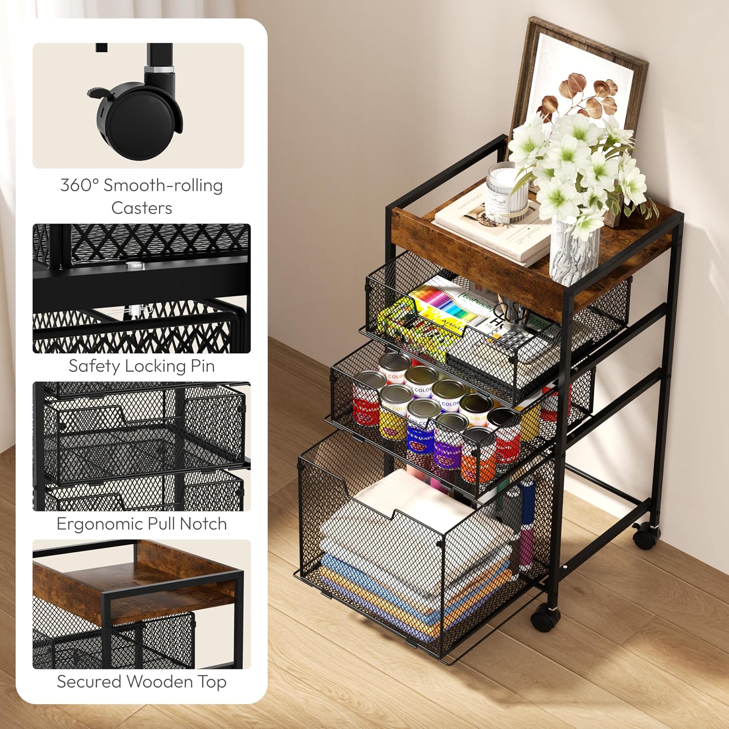 Espresso 4 Tier Rolling File Cart
